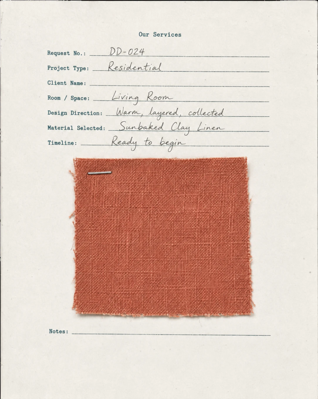 Dwell Designs client sheet — request DD-024, Living Room, sunbaked clay linen. Let’s get started!